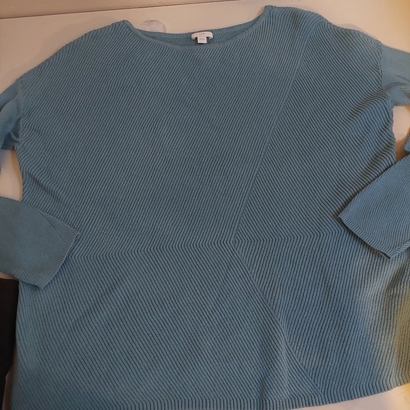 J Jill Blue Sweater Top Size L Geometric  Lines Knit Thick Oversized Boat Neck - Picture 7 of 10
